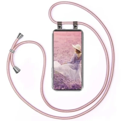 Abbildung von moex Handykette kompatibel mit Samsung Galaxy S22 Ultra Hülle Band Längenverstellbar, Handyhülle zum Umhängen, Silikon Case Transparent Kordel Schnur abnehmbar in Rosegold