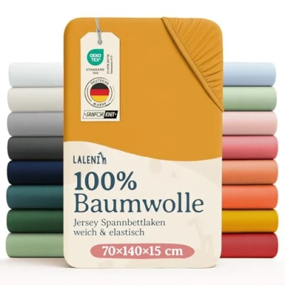 Abbildung von Laleni Jersey Spannbettlaken 70x140 cm Babybett 2er Set Oeko TEX zertifiziertes Bettlaken Kinderbett Kinderbettwäsche 100% Baumwolle Baby in Gelb