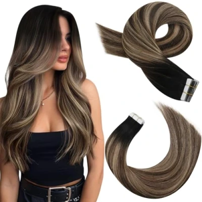 Abbildung von Moresoo Tape in Extensions Echthaar Dunkelbraun Invisible Haarverlängerung Schwarz bis mit Goldblond Kleber 50 cm 20 Stück 50g/Pack #1B/4/14