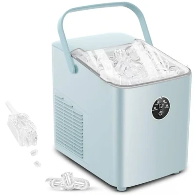 Abbildung von FOHERE Eiswürfelmaschine 14kg 24 Stunden, Eiswürfel in 5 Min, 2 Größen von Bullet Ice, Selbstreinigender Eiswürfelbereiter mit Griff, Eisschaufel u. Korb, Ice Maker für Party Büro RV (Hellblau)