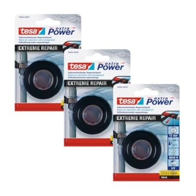 Abbildung von tesa extra Power Extreme Repair Reparaturband im 3er Pack Selbstverschweißendes aus Silikon zum Isolieren und Abdichten 3x 2,5 m : 19mm Schwarz