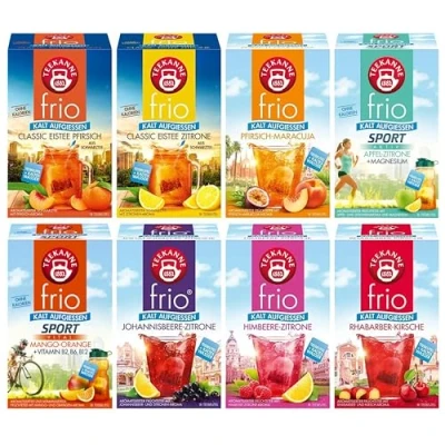 Abbildung von Teekanne frio Tee im 8er Früchte Pack mit Himbeer Zitrone, Johannisbeere Pfirsich Maracuja, Rhabarber Kirsche, Apfel+Zitrone+Magnesium, Mango Orange, Eistee Zitrone &amp; Pfirsich, je 18 Beutel