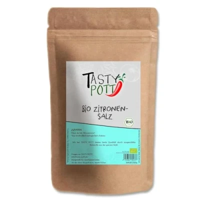 Abbildung von Tasty Pott Bio Zitronensalz 1000g Beutel Salz salzig Kochen Würzen Geschmack Genuss Aroma Zitrone Citrus Qualität hochwertig besonders Vorteilsbeutel Vorratspackung