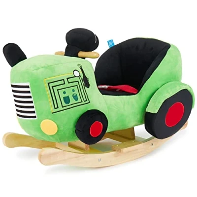Abbildung von Bieco Plüsch Schaukeltier Traktor 60 cm Kinder Schaukelstuhl mit Sicherheitsgurt Baby Schaukel Kleinkind Zimmer Schaukelwippe ab 9 Monate Schaukelpferd Holz