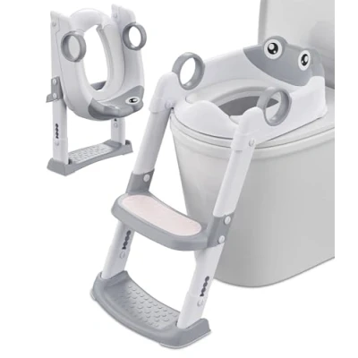 Abbildung von Toilettensitz Kinder mit Treppe, WC Sitz für Jungen und Mädchen, Höhenverstellbar Klappbar, Toilettenaufsatz Gepolsterter, Spritz Rutschfestes Trittbrett(Weiß/Grau)