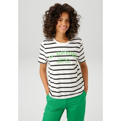 Abbildung von Aniston CASUAL T Shirt im Streifen Dessin mit Statement Schriftzug NEUE KOLLEKTION