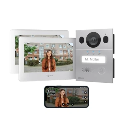 Abbildung von GOLIATH Basic Video Türsprechanlage, 2 Draht Bus, 2X 7 Monitor, Unterputz Türklingel mit Kamera, Gegensprechanlage Türöffner und Klingel, 1 Familienhaus, Plug &amp; Play, Smartphone App, AV BLS 06U