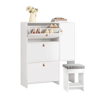 Abbildung von SoBuy FSR107 W Schuhkipper mit 3 Klappen und 1 Tür Schuhschrank einem Hocker Schuhregal schmal Schuhkommode Schuhablage Weiß BHT ca. 95x121x30cm