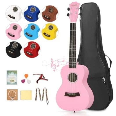 Abbildung von Dripex 23 Zoll Konzert Ukulele, Erwachsene Kinder Ukulele Set Vintage Kleine Gitarre Kit für Anfänger mit Tasche Tuner Gurt Bedienungsanleitung Saite (Rosa)
