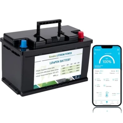 Abbildung von Kcvolro 12V 100Ah LiFePO4 Lithium Batterie with Bluetooth, 100A BMS, bis zu 15000 Zyklen, Mini Größe für Wohnwagen, Wohnmobile, Boote, Trolling motor, Solar, Heim Energiespeicher, Autorbatterie