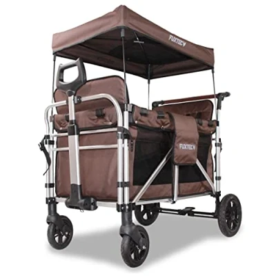 Abbildung von FUXTEC Bollerwagen faltbar FX CTXL900 Braun mit Dach Transportwagen klappbar Komfort Schiebegriff &amp; montierbare, erhöhte Sitze 5 Punkt Gurt Handwagen/Leiterwagen Das Original