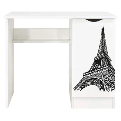 Abbildung von Leomark Weiß Kinderschreibtisch Roma Gemütlich Schreibtisch für Kinder mit Regal, Computertisch, Möbel Kinderzimmer, Höhe: 77 cm (UV Druck: Eiffelturm)