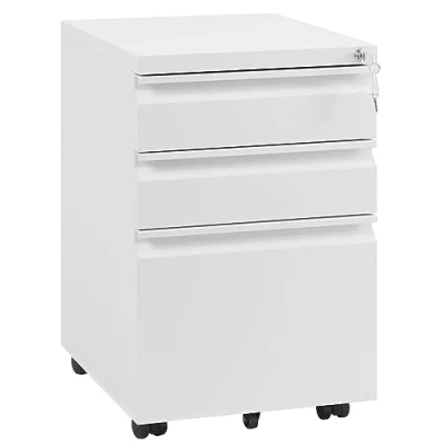 Abbildung von WOLTU Rollcontainer, Aktenschrank, Büroschrank, abschließbarer Schrank, Container mit 3 Schubladen, Schreibtisch Unterschrank, Hängeregisterschrank Rollen, 39x62x46 cm, weiß,ASK03ws