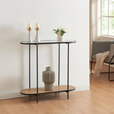 Abbildung von en.casa Konsolentisch, »Høyanger« aus Metall, Glas und MDF 80x80x30cm Schwarz/Eiche