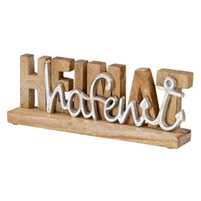 Abbildung von Levandeo® Deko Schriftzug, Aufsteller Heimathafen L30cm Braun Holz Silber Mango Maritim