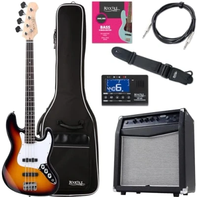 Abbildung von Rocktile Fatboy II SB E Bass Starter Bundle Komplettset 7 teilig: 4 saitige Gitarre inkl. Verstärker, Tasche, Stimmgerät, Gurt, Kabel, Saiten Sunburst