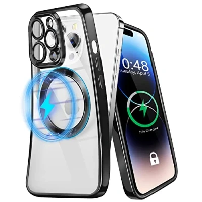 Abbildung von KimFiyny Magnetisch Hülle iPhone 14 Pro, Kompatibel Zubehör, Back Transparent Never Yellow Mit vollem Linsenschutz stoßfest, sturzsicher Handyhülle, Magnetic Schutzhülle (Schwarz)