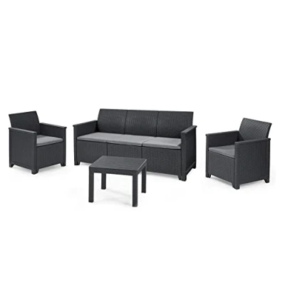 Abbildung von Koll Living Lounge Set 4 TLG. 3er Sofa, 2 Sessel &amp; Tisch, Sitzgruppe in ansprechender Rattanoptik höchster Sitzkomfort durch ergonomische Rückenlehnen