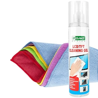 Abbildung von D.RECT Bildschirmreiniger Spray Set Putzlappen Staubtücher Mikrofasertuch für Laptop, Tablet, Smartphone und Monitor 250ml + 5 Stück