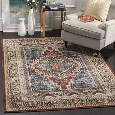 Abbildung von SAFAVIEH Traditionell Distressed Teppich für Wohnzimmer, Esszimmer, Schlafzimmer Bijar Collection, Kurzer Flor, Königsblau und Braun, 122 X 183 cm