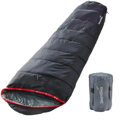 Abbildung von Skandika Mumienschlafsack Alaska koppelbar, 220 x 80 cm, bis 10C, Rundum Reißverschluss, Kompressionspacksack, 3 Jahreszeiten Outdoor Camping Schlafsack