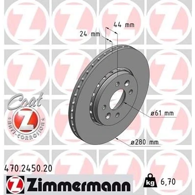 Abbildung von ZIMMERMANN COAT Z 470.2450.20 Bremsscheibe 280 24 6/4 4 100 außenbelüftet beschichtet hochgekohlt DACIA: Lodgy, Dokker Kombi, Express