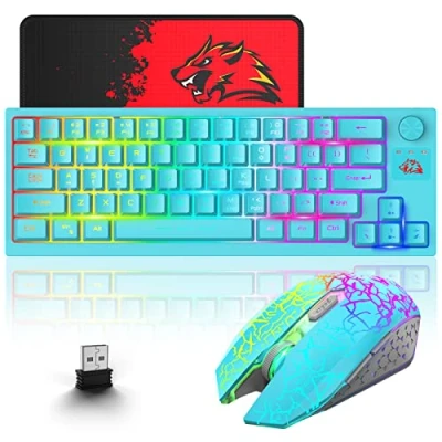 Abbildung von 2.4GHz Tastatur Maus Set Kabellos Beleuchtet RGB LED 64 Tasten 60% Wireless Gaming Tastaturen 4000mAh Kabellose mit 2400 DPI und Mauspad kompatibel ps4/ps5/xbox/pc Blau