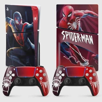 Abbildung von PS5 Skin Slim Spider, Aufkleber Playstation 5 Gaming, Konsole und Controller, Edition Disk, Miles Moralles (2 Controller)