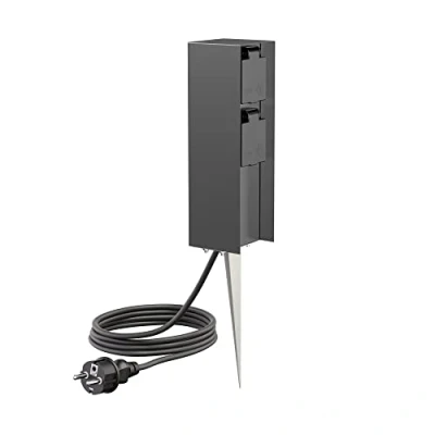 Abbildung von ledscom.de Garten Steckdosen Säule POMI mit Erdspieß und 2m Kabel für außen, IP44, 2 Fach, anthrazit, eckig, 23cm