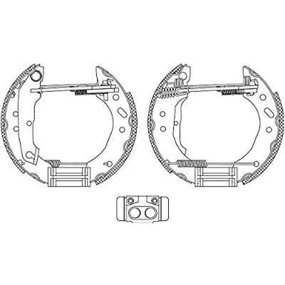 Abbildung von HELLA Shoe Kit Pro 8DB 355 005 011 Bremsensatz, Trommelbremse mit Radbremszylinder, Stellelement FORD: ESCORT 6 Schrägheck, 5 Cabriolet