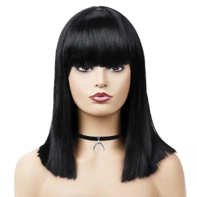 Abbildung von SKHAOVS Schwarze Perücke Natural Straight Perücken Hohe Dichte Damen Fasching Karneval Elegante Retro 70er 80er Cosplay Anime Kostüm Party für Halloween Kostümparty (Schwarz)