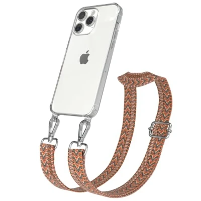 Abbildung von EAZY CASE Handykette mit verstellbarem Trageriemen für iPhone 15 Pro Max Taschengurt zum Wechseln transparenter Handyhülle Hülle dünner Schulterriemen in Orange Grün Silber