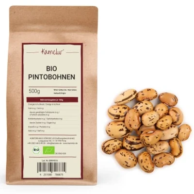 Abbildung von Kamelur 1kg BIO Pinto Bohnen getrocknet Pintobohnen Wachtelbohnen ohne Zusätze getrocknete Hülsenfrüchte in biologisch abbaubarer Verpackung