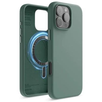 Abbildung von elago Magnetisch Silikon Hülle Kompatibel mit iPhone 16 Pro Max 6,9 Zoll, Allen MagSafe Zubehör Eingebaute Magnete, Soft Grip Silikon, Stoßfest (Nachtgrün)