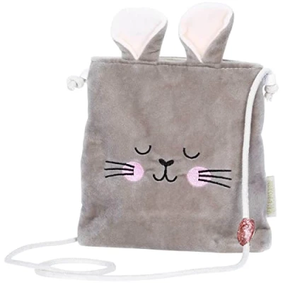 Abbildung von Papierdrachen Hasen Handtasche grau mit Schulterriemen aus Samt Hasengesicht und Ohren Glitzerdetail Geschenk zu Ostern Umhängetasche Mädchen