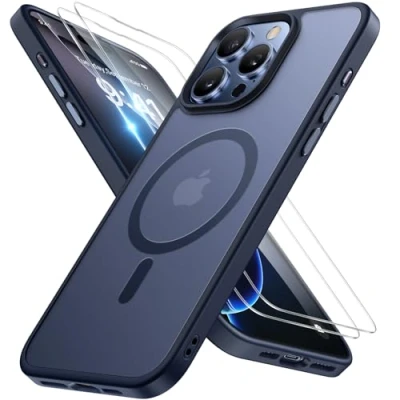 Abbildung von Miracase Magnetisch für iPhone 16 Pro Hülle Magsafe[mit 2 Schutzglas] Militärschutz Stoßfest Kratzfest Anti Fingerabdruck Samtige Touch Dünn Handyhülle 6,3 Zoll, Blau