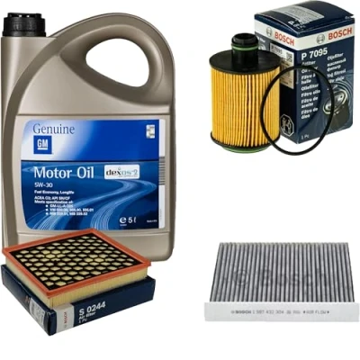 Abbildung von Inspektionspaket Wartungspaket Filterset mit 5L Motoröl 5W 30 Dexos2, Ölfilter, Luftfilter, Innenraumfilter (Aktivkohlefilter)