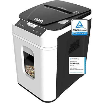 Abbildung von LMG Germany Aktenvernichter Autofeed Profi Shredder, 180 Blatt gleichzeitig, als P4 oder P5, Partikelschnitt Cross Cut, 32L weiß, sehr leise