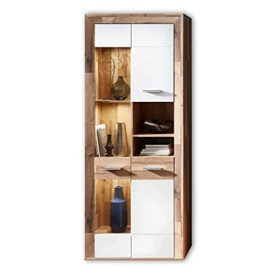 Abbildung von Stella Trading TEXAS Vitrine in Yaki Oak Optik, Weiß matt Moderne Glasvitrine inkl. LED Beleuchtung 81 x 202 38 cm (B/H/T)
