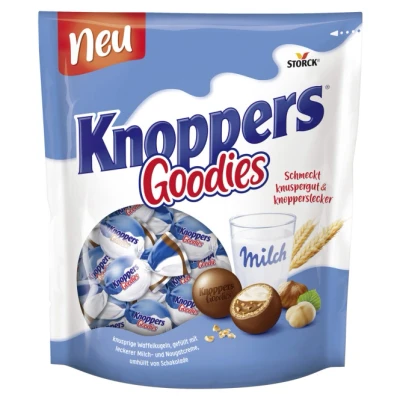Abbildung von Knoppers Goodies Knusper Minis (1 x 180 g) knusprige Waffelkugeln gefüllt mit Haselnussstücken, Milch und Nougatcreme, umhüllt von Schokolade