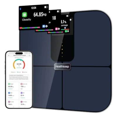 Abbildung von Healthkeep Personenwaage Intelligente mit Bluetooth Farb TFT Display und ITO Technologie, 25 Körperdaten inklusive Herzfrequenz App für Android iOS, Max. 180kg/400lb, 30 x cm