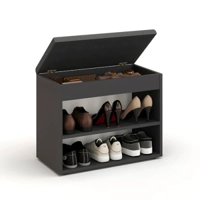 Abbildung von KOMTO Schuhbank mit Sitzfläche Schuhregal Bank Stauraum Schwarz 60 x 48 32 cm Kleiner Schuhschrank Sitzbank Flur Garderobenbank Sofia