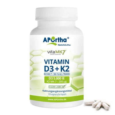 Abbildung von APOrtha® Vitamin D3 5.000 IE + K2 vitaMK7® 200 µg vegetarische Kapseln 120 St