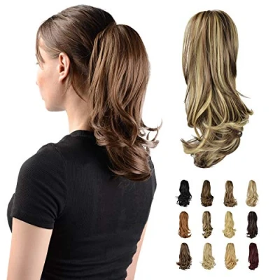 Abbildung von Sofeiyan 33cm Pferdeschwanzverlängerung Langer Lockiger Pferdeschwanz Clip in Klaue Haarverlängerung Natürlich Aussehendes Synthetisches Haarteil für Frauen, Blond &amp; Mittelbraun