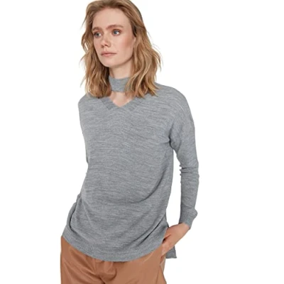 Abbildung von Trendyol Damen Einfarbiger Pullover mit Rundhalsausschnitt Sweatshirt, grau, Small