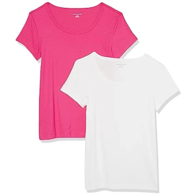 Abbildung von Amazon Essentials Damen T Shirt mit Flügelärmeln und U Ausschnitt in schmaler Passform, 2er Pack, Weiß/Dunkelrosa, M