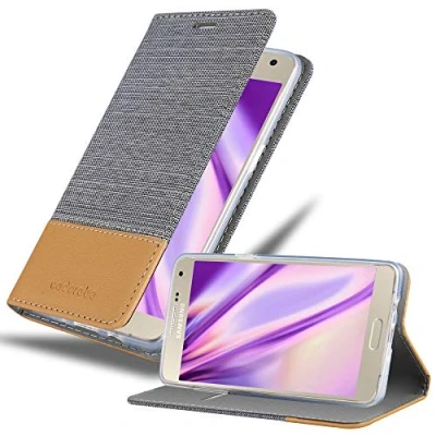 Abbildung von Cadorabo Hülle kompatibel mit Samsung Galaxy A5 2015 aus Jeans und Kunst Leder Flip Klappbare Stoßfeste Magnetische [Standfunktion] [Kartenfächern] Cover für Tasche in Grau