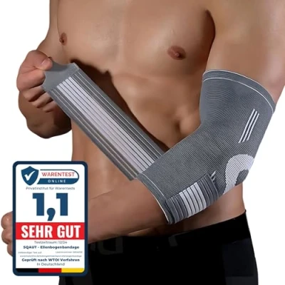 Abbildung von SQAUT® Ellenbogenbandage 1 Stück Ellenbogen Bandage Herren und Damen für Sport, Tennisarm Golferarm Ellbogen Stütze Armbandage mit Klettbänder Klettgürtel Elbow Brace Support (Grau, M)