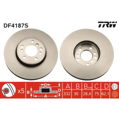 Abbildung von TRW DF4187S Bremsscheibe 332 30 5 120 Belüftet lackiert hochgekohlt BMW: X5, X3