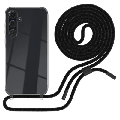 Abbildung von EAZY CASE Handykette kompatibel mit Samsung Galaxy A35 dünne Handyhülle für Hülle Band als Fallschutz Kette zum Umhängen transparente Silikon Schwarz